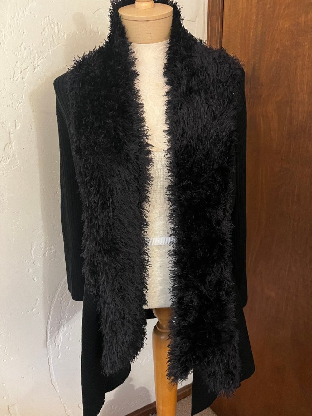 Lauren Michelle Black Ribbed Cardigan with Fuzzy Trim, Size S